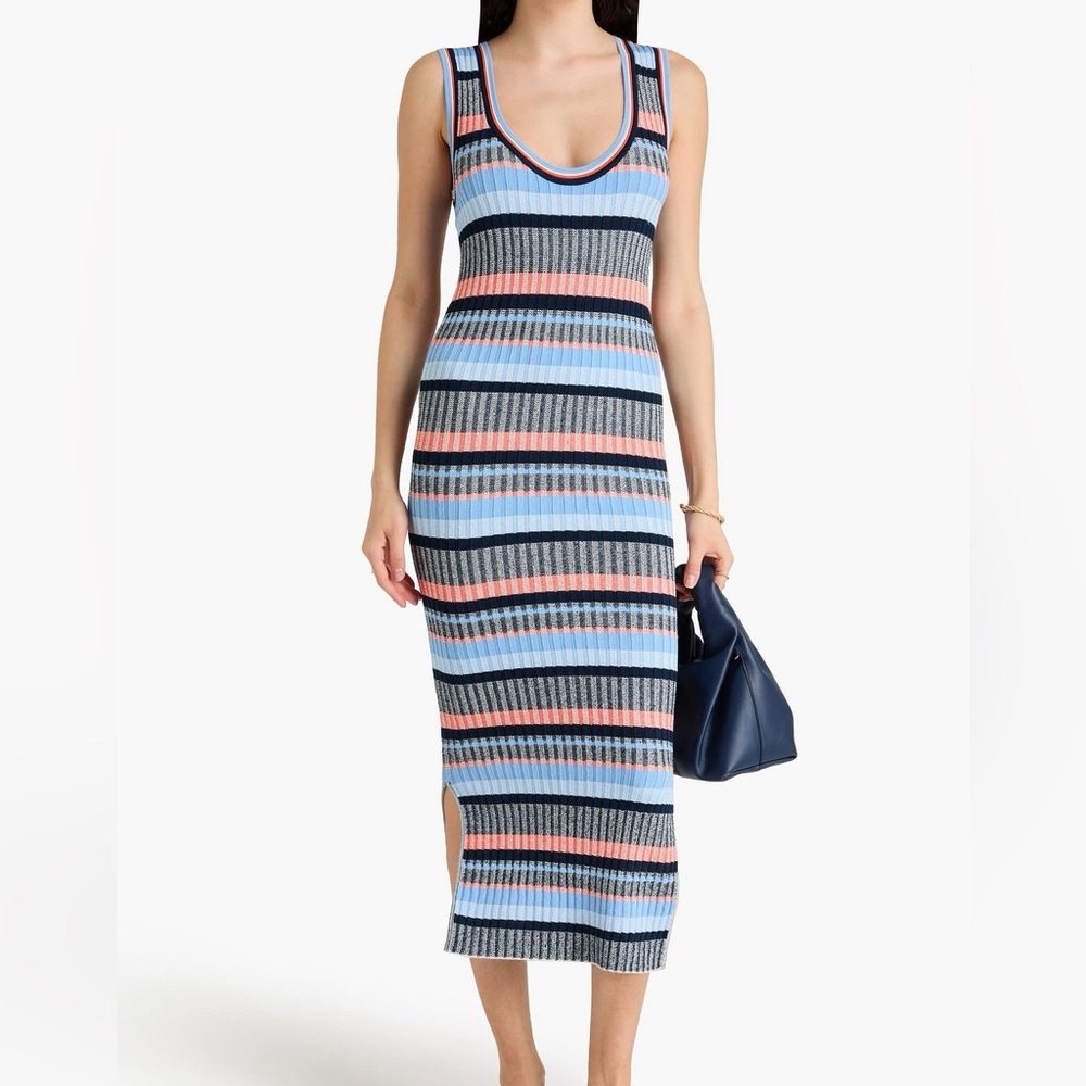 VERONICA BEARD Striped Ribbed Midi Dress in Light Blue Coral